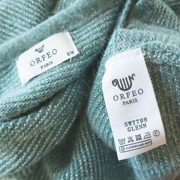 Orfeo Paris Aqua Silver Metallic Knit Cropped Zipper Trim Angora Bl Sweater S/M - Picture 5 of 5